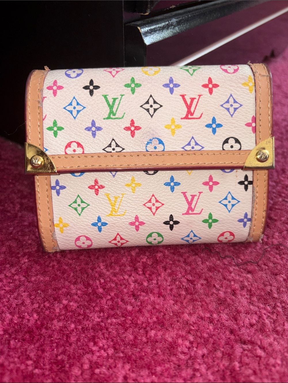 Louis Vuitton White Multicolor Monogram Trifold Wallet with Tan Trim